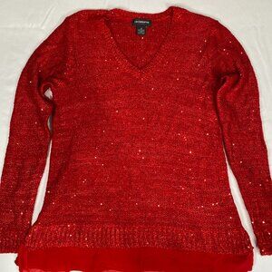 Liz Claiborne V Neck Woven Sequin M Polyester Red Sweater
